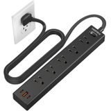 Power Strip Hopow Flat Plug, 5 Tomadas, 3 Portas Usb, 6 Pés, Preto