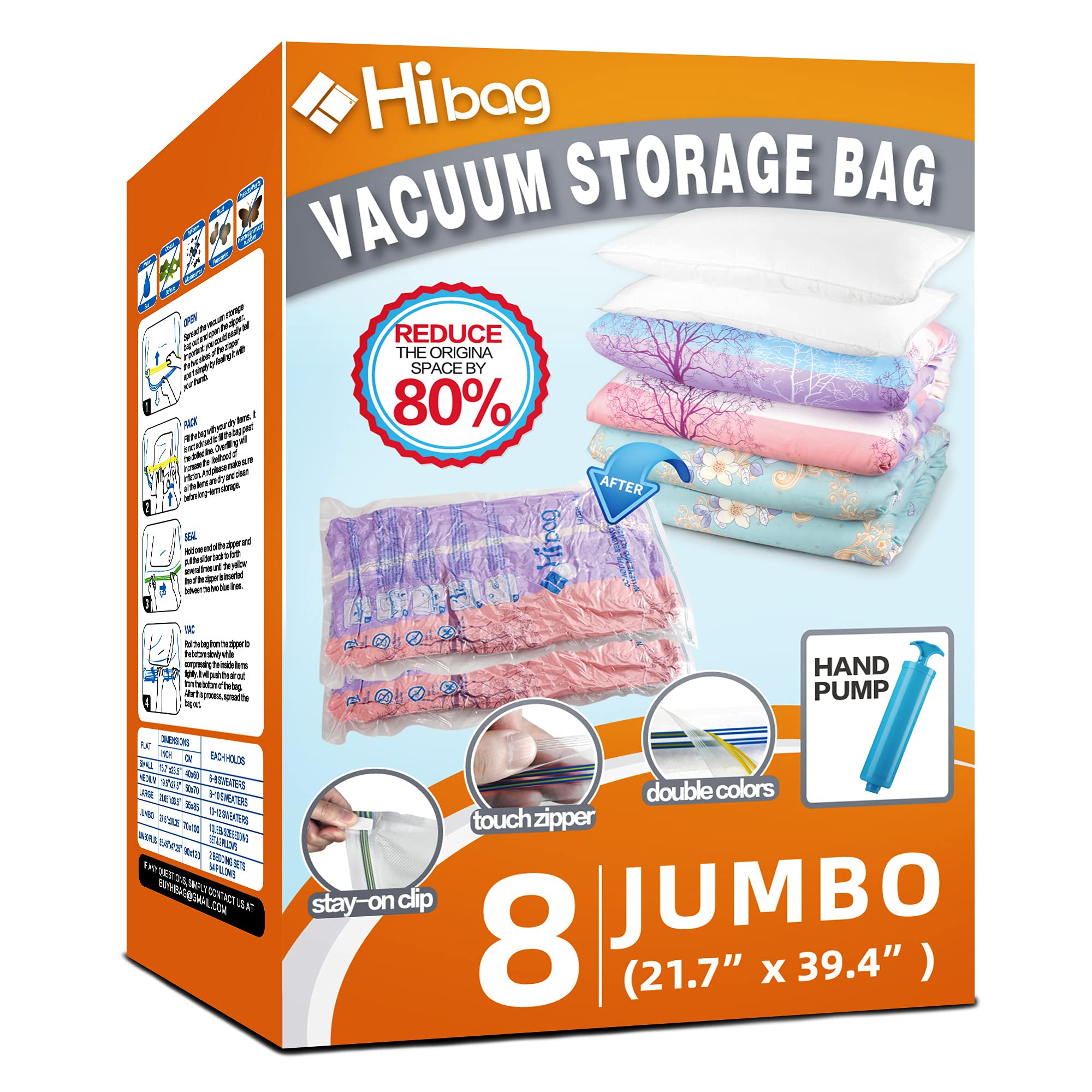 Sacos De Armazenamento A Vácuo Hibag 8 Jumbo Space Saver Com Bomba Manual