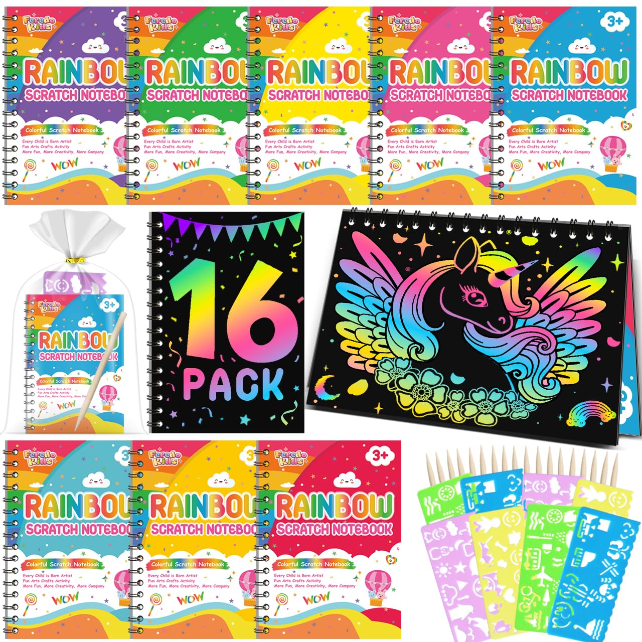 Caderno Scratch Art Party Favors Feredo Kids Rainbow, Pacote Com 16