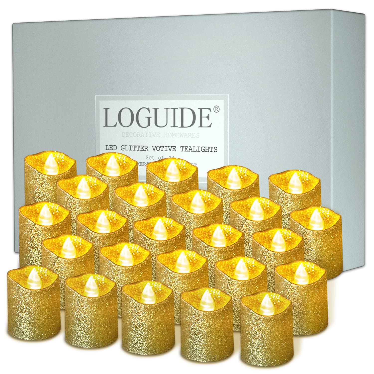 Velas Votivas Sem Chama Loguide Gold Glitter, Pacote Com 24
