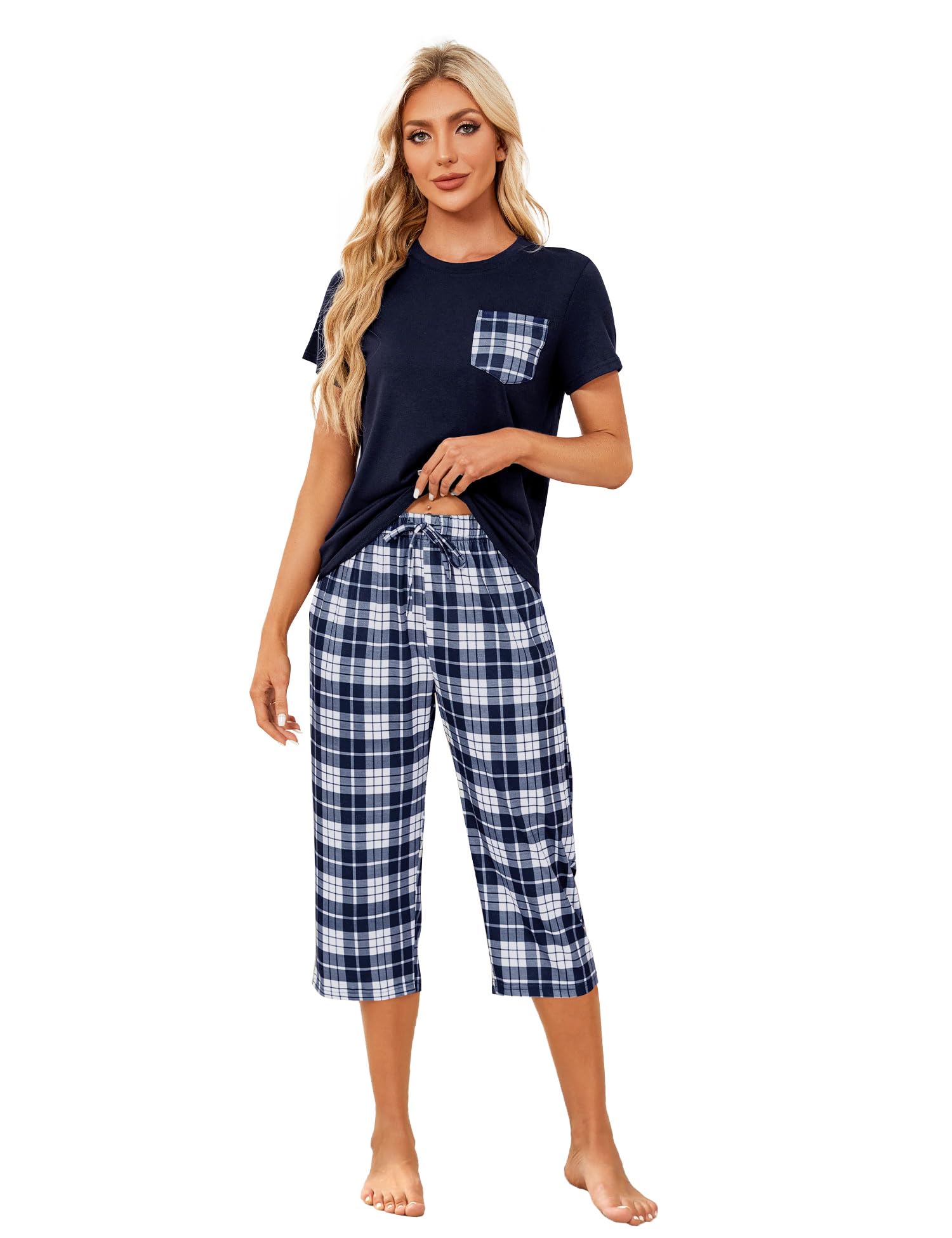 Conjunto De Pijamas Femininos Mchodare Capri De Manga Curta Azul Marinho
