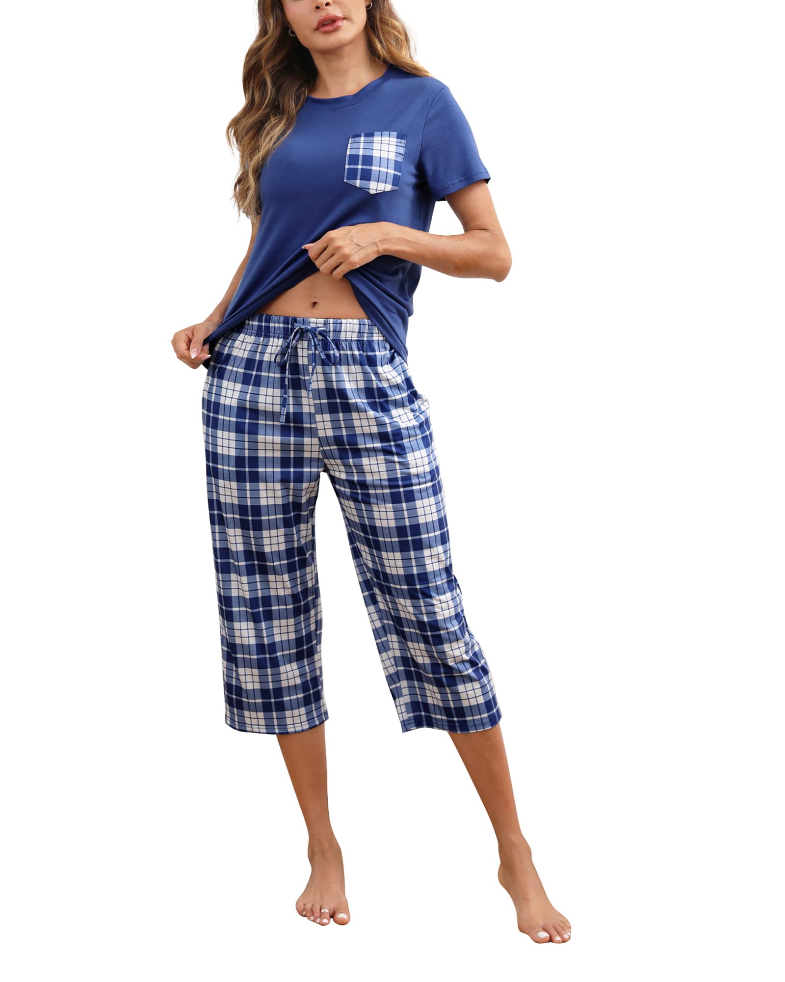 Conjunto De Pijamas Femininos Mchodare Capri De Manga Curta Azul