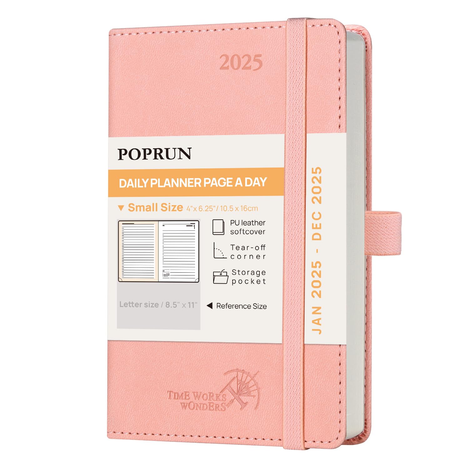Calendário Diário Planner Poprun 2025, Rosa De Hora Em Hora - 4x6,25 Polegadas