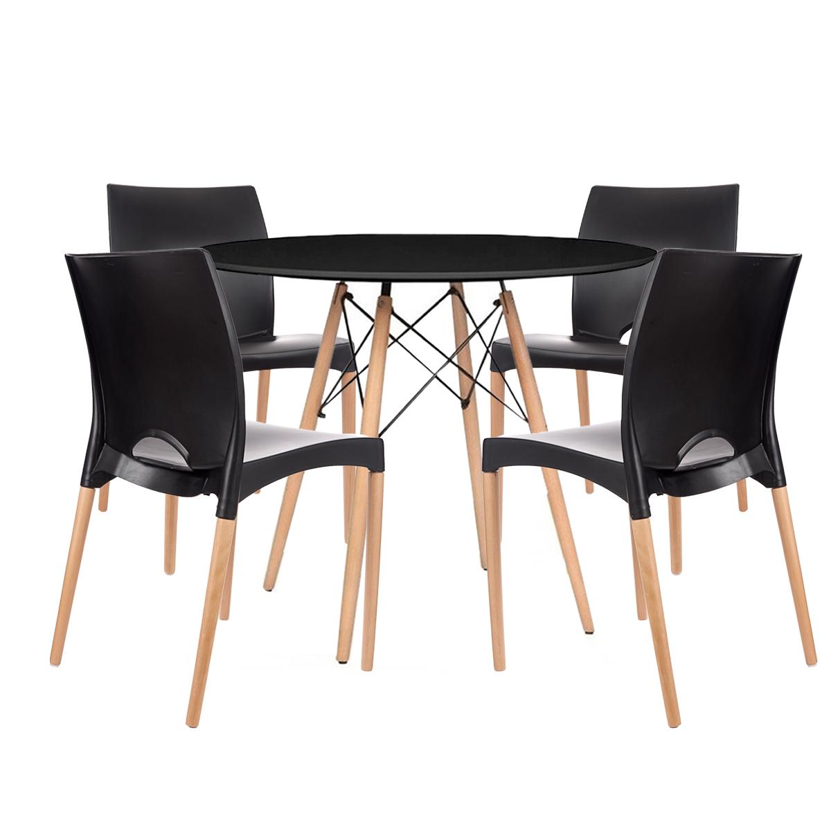 Mesa Charles Eames Redonda 120cm Tampo Madeira Sala Jantar + 4 Cadeiras Cannes - Preta