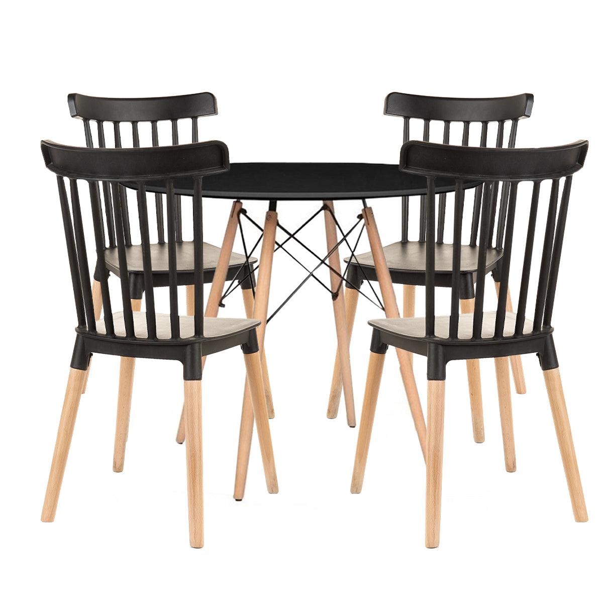 Mesa Redonda Eames Madeira 90cm + Cadeiras Windsor - Preto
