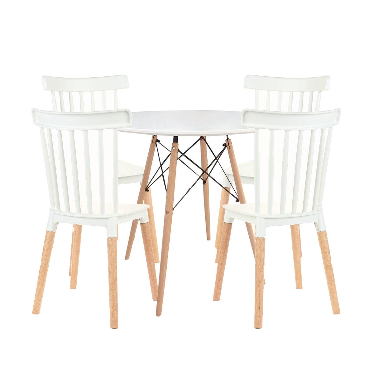 Mesa Redonda Eames Madeira 90cm + Cadeiras Windsor - Branco