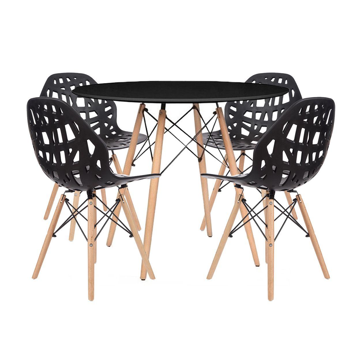 Mesa Redonda Eames Madeira 90cm + 4 Cadeiras Akron - Preto