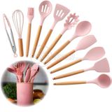 Kit 12 Utensílios Jogo De Cozinha De Silicone Com Espatulas Pincel Batedor Manual - Rosa