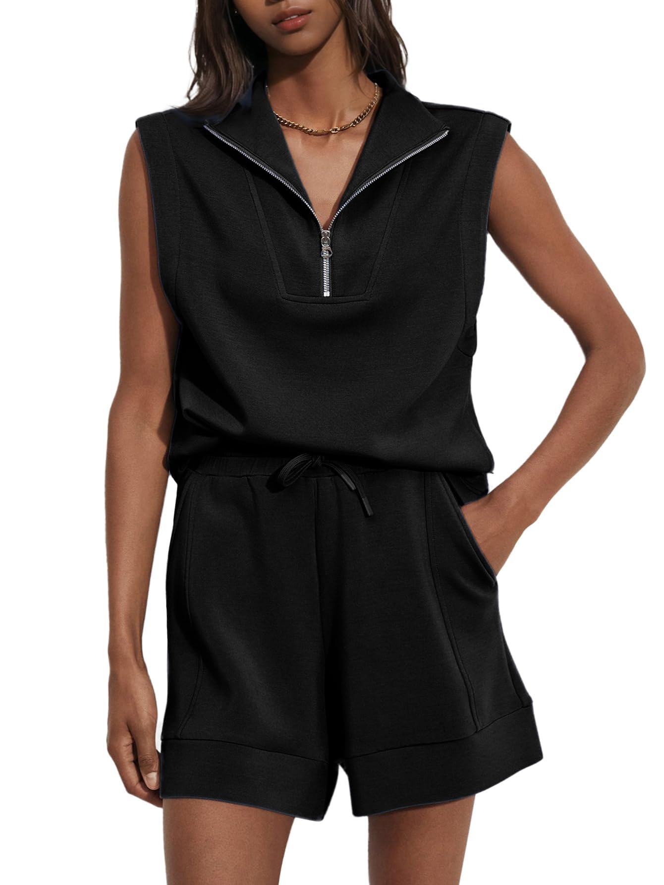 Moletom Feminino Glamaker, Com Zíper, Sem Mangas, Preto