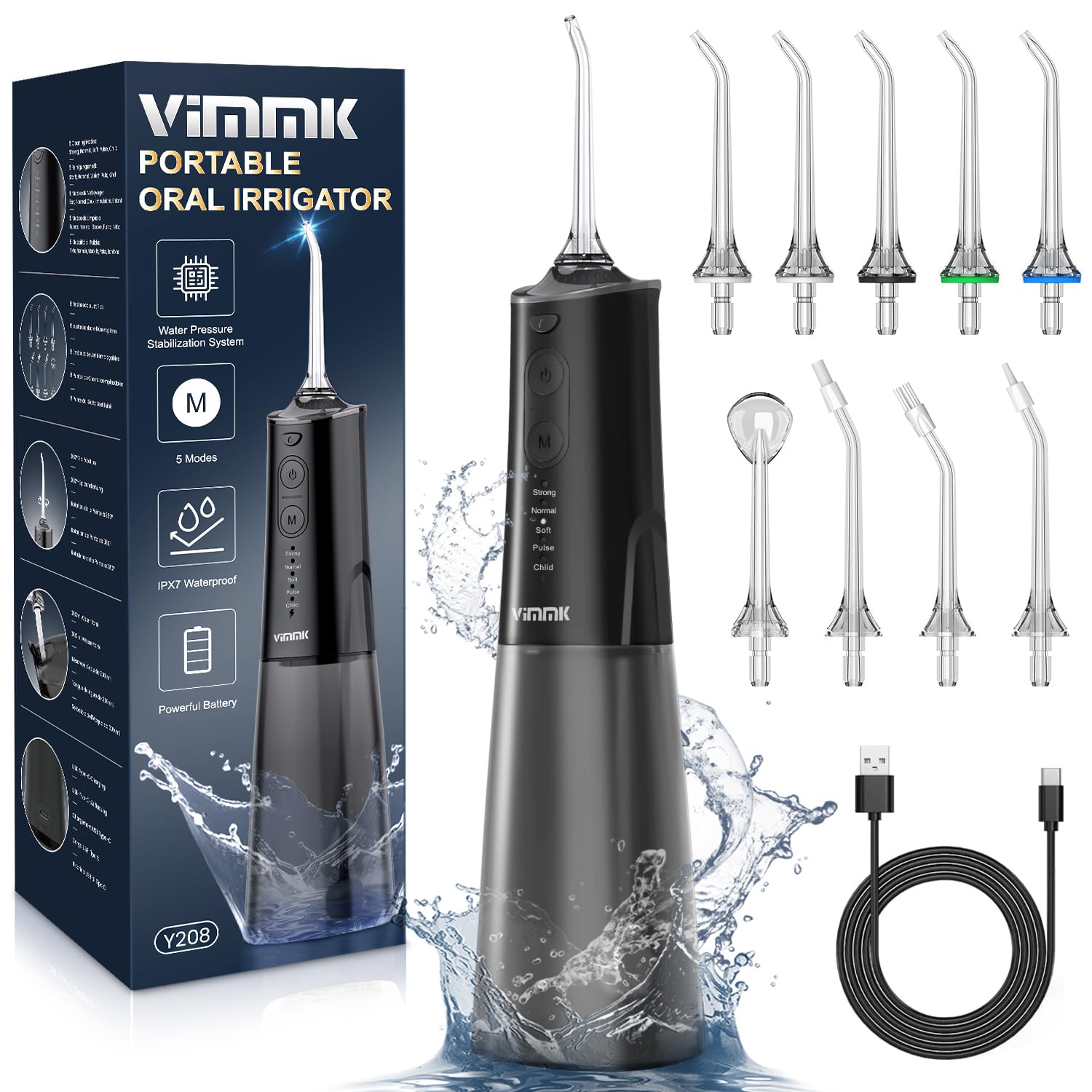 Water Flosser Vimk Cordless 300 Ml 9 Pontas De Jato 5 Modos Preto