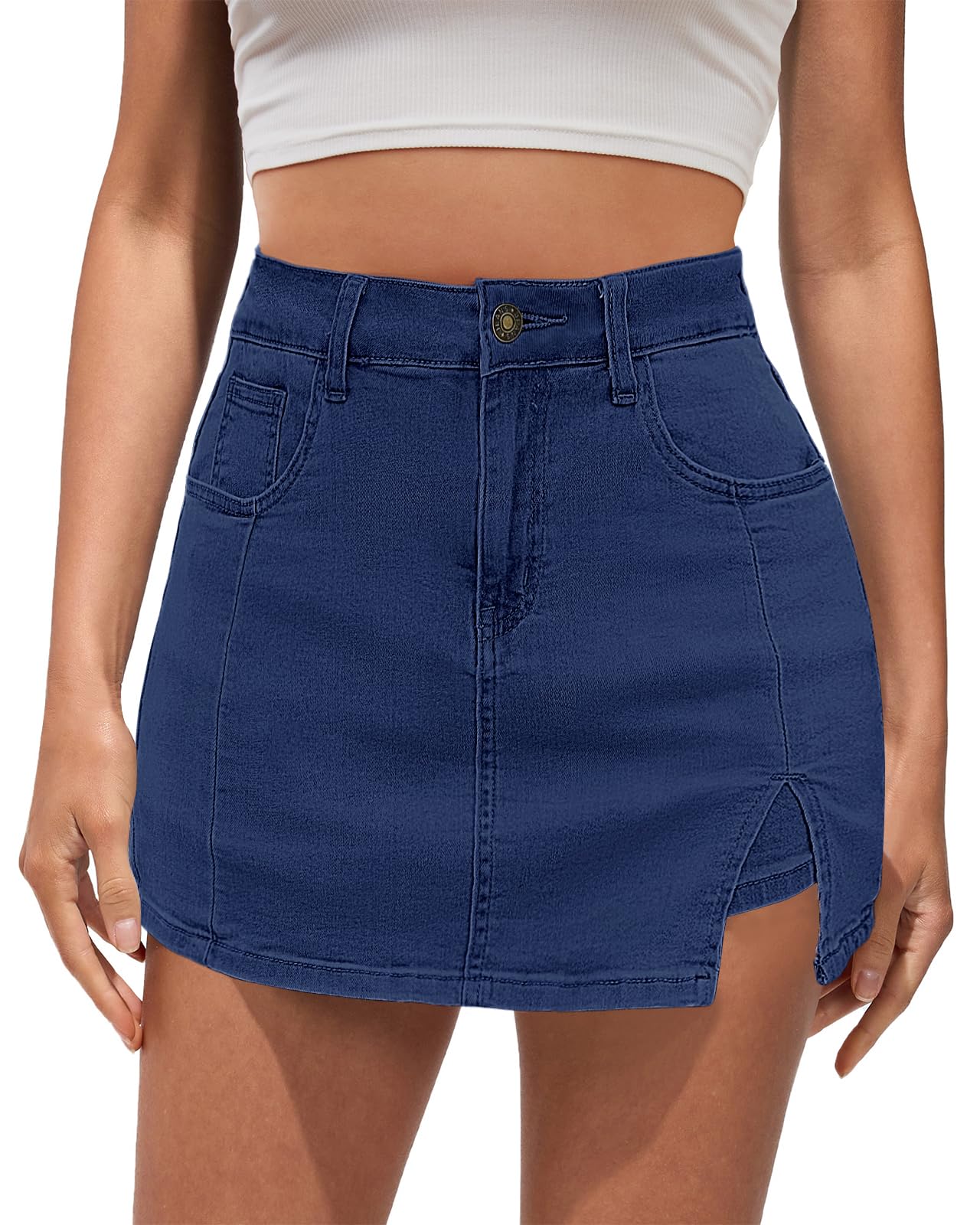 Shorts Vetinee, Saia Jeans Feminina De Cintura Alta Com Shorts Azuis