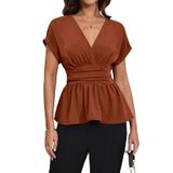 Blusa Feminina Milumia Com Decote Em V, Manga Curta, Enrugada, Peplum