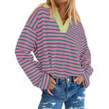 Camisa Akewei De Manga Comprida Listrada Com Decote Em V De Tamanho Grande Para Mulheres