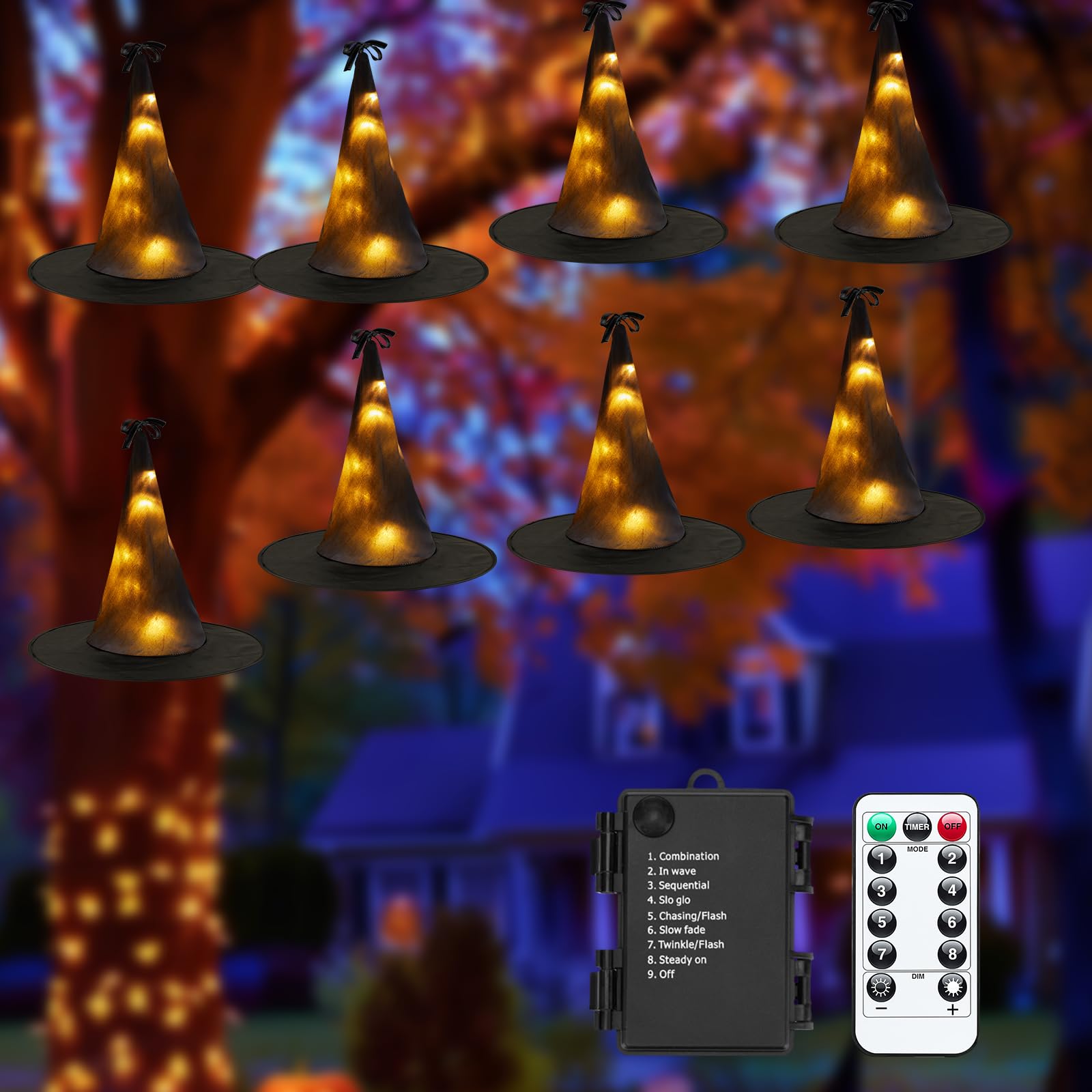 Luzes De Decoração De Halloween Minetom Witch Hat 8pc 56 Led