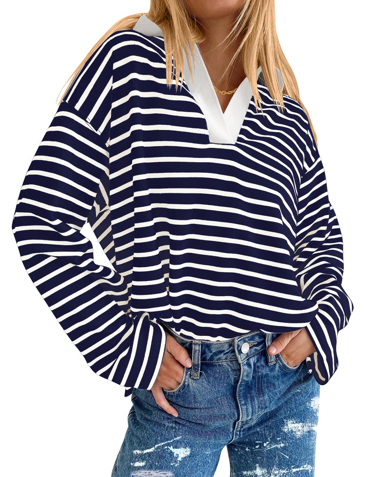 Camisa Polo Listrada De Manga Comprida Akewei | Moda Feminina 2024