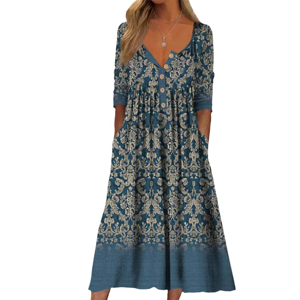 Vestido Longo Guteidee Boho Com Botão Floral Feminino Azul Lago