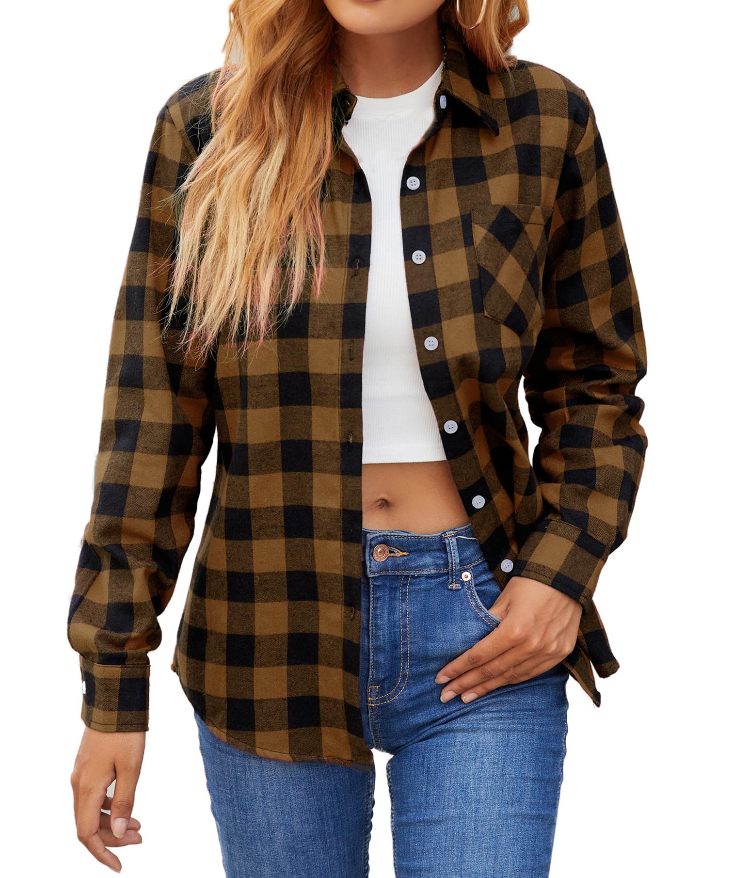 Camisa De Flanela Sangtree Feminina De Manga Comprida Xadrez Marrom Preta