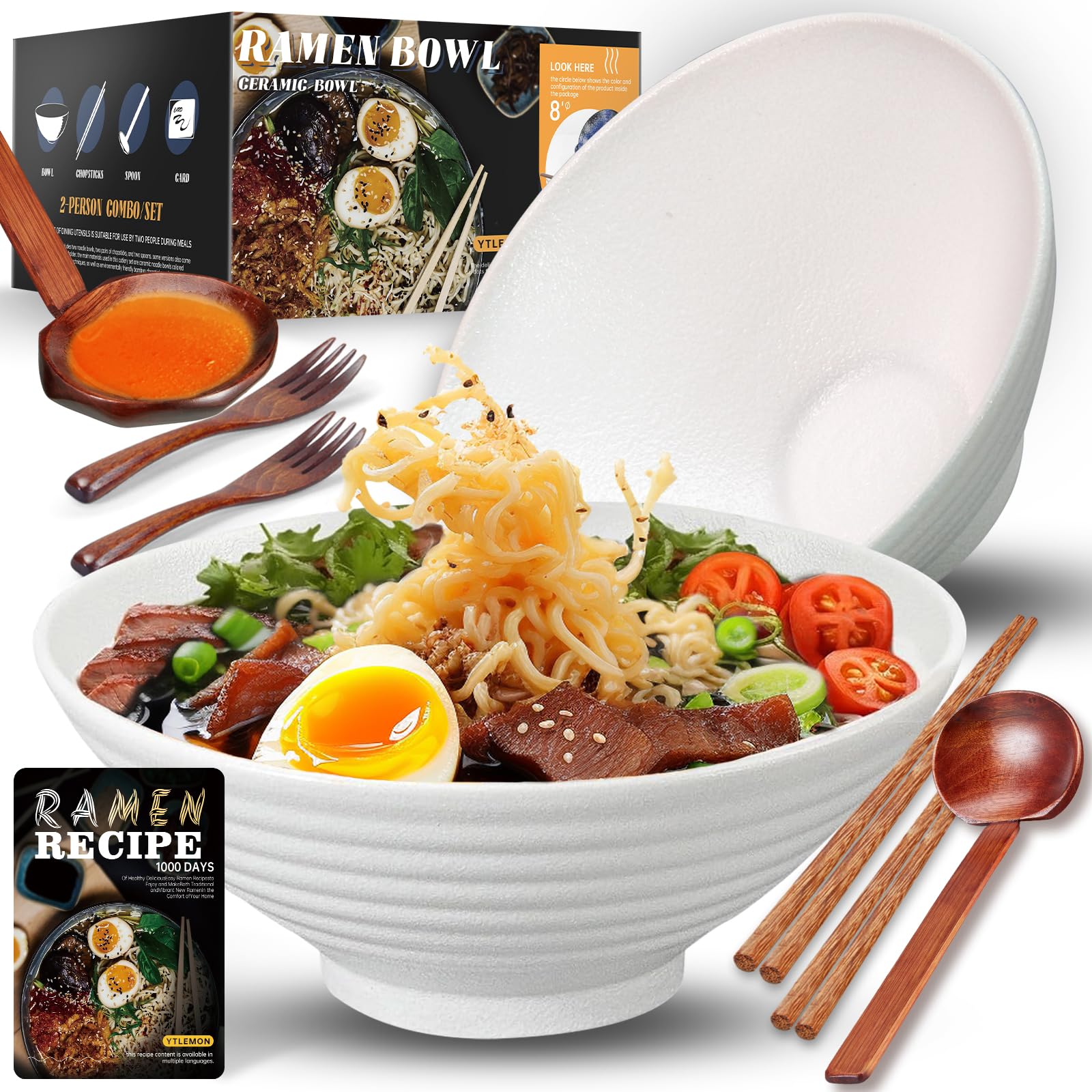 Conjunto De Taças Ramen Ceramic Ytlemon 2x1l Com Pauzinhos E Colheres