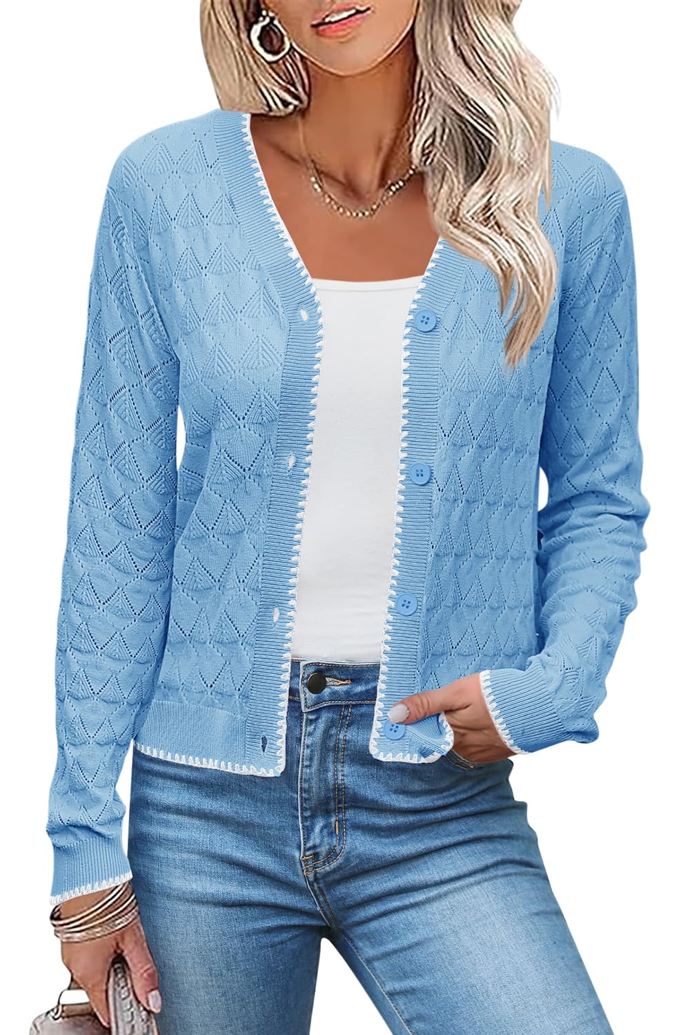 Casaco De Crochê Leve Com Decote Em V Sweater Lomon Para Mulheres