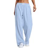 Calça De Pijama Lounge Lomon Gingham Xadrez, Perna Larga, Algodão, Perna Larga, Feminina