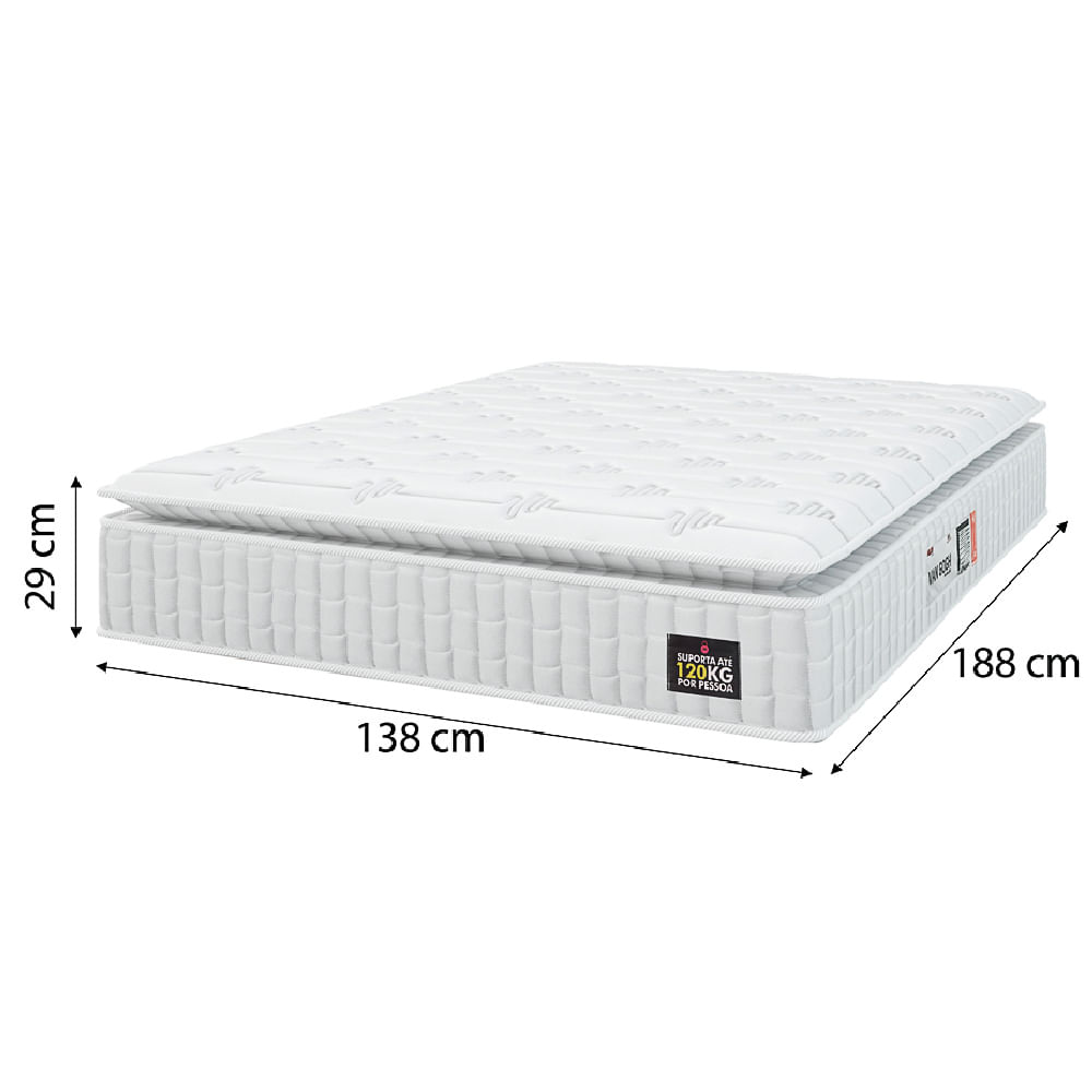 Cama Box Colchão Casal Espuma D33 Vangogh Pillow Top 138x188x67cm Branco / Bege Hellen - Suporta até 120kg por Pessoa