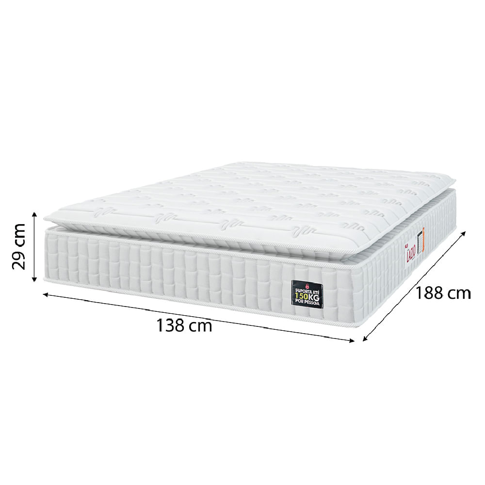 Cama Box Colchão Casal Espuma D45 Lazio Pillow Top 138x188x67cm Branco / Cinza Hellen - Suporta até 120kg por Pessoa
