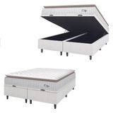 Cama Box Colchão Baú Casal Queen Molas Ensacadas City Pillow Top 158x198x64cm Linho Branco / Bege Hellen - Suporta Até 110kg Por Pessoa