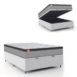 Cama Box Baú Colchão Casal Molas Ensacadas Real 138x188x68cm Linho Branco / Preto Inducol - Suporta Até 130kg Por Pessoa