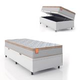 Cama Box Baú Colchão Solteiro Molas Ensacadas Real 88x188x68cm Linho Branco / Bege Inducol - Suporta Até 130kg Por Pessoa