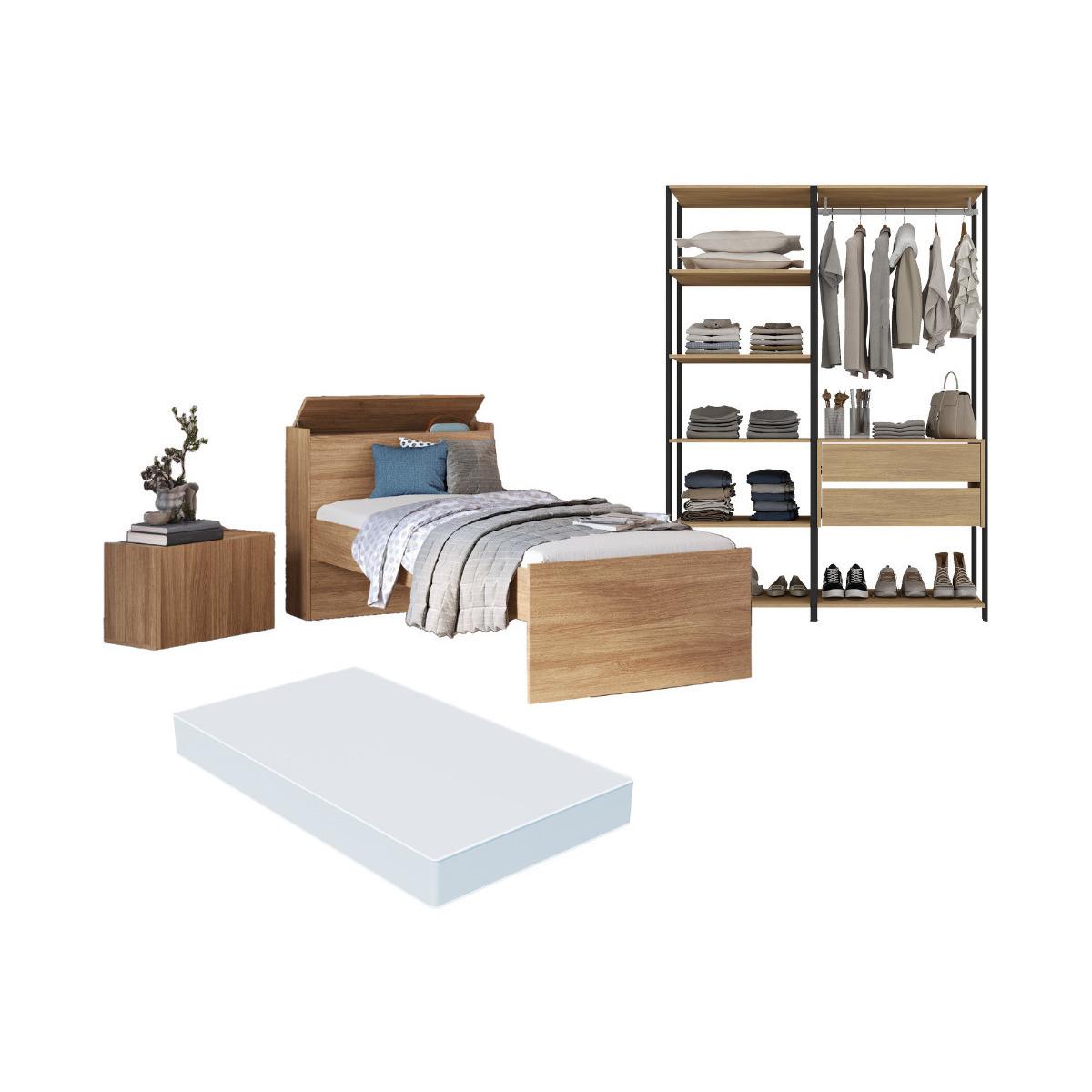 Quarto Completo Com Cama Solteiro Com Colchão Incluso E Baú Embutido Multimóveis Mp4343 Preto/madeirado