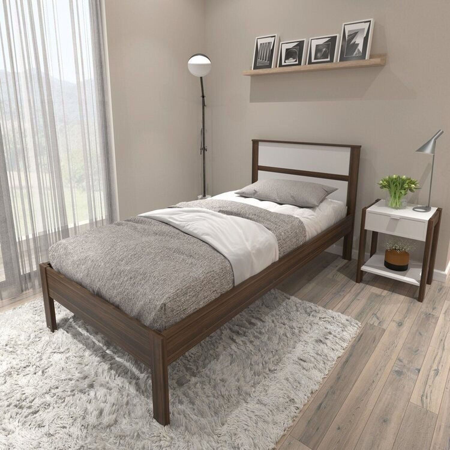 Conjunto Cama Solteiro Com 1 Mesa De Cabeceira Nogal/branco