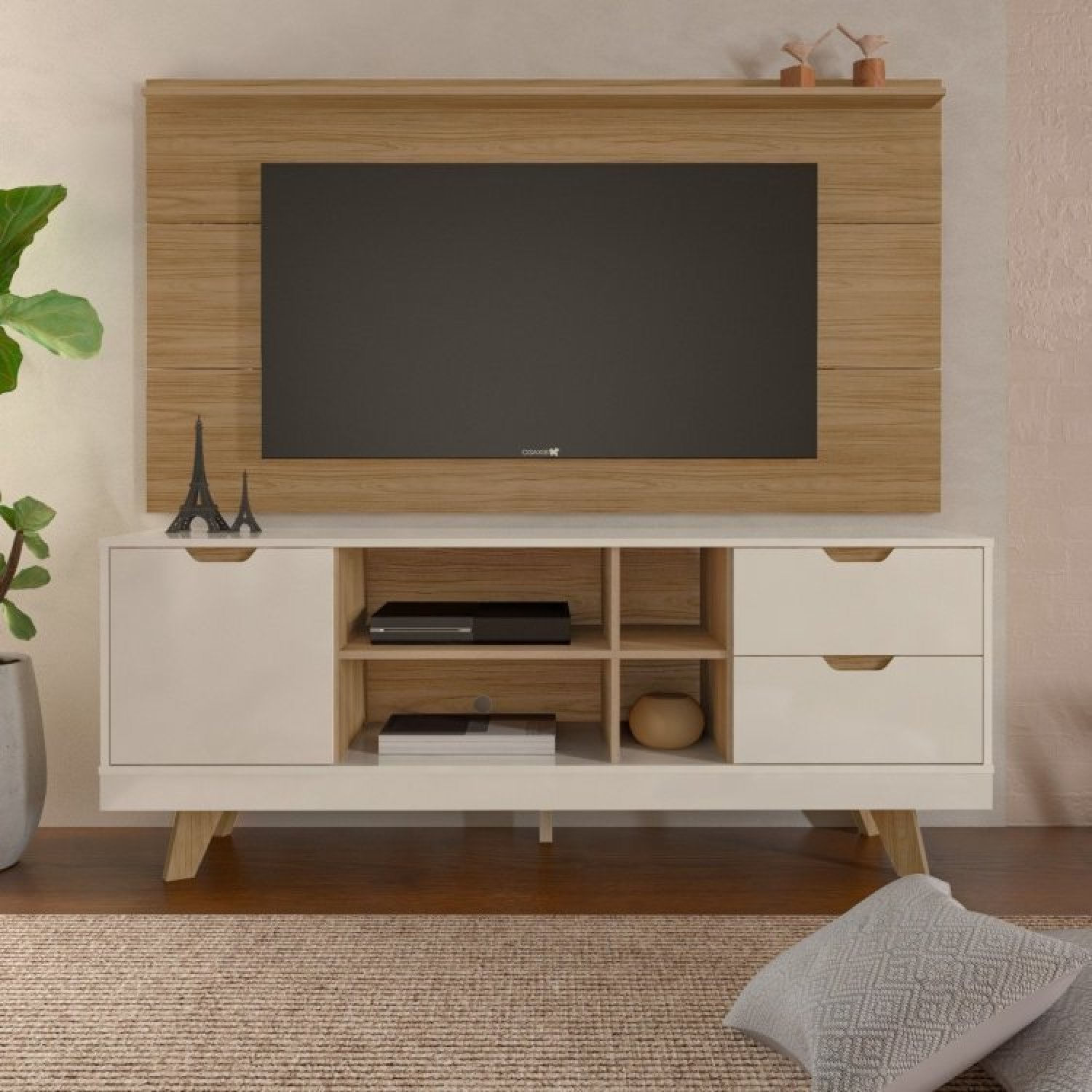 Rack Com Painel Para Tv Até 60 Pol Universal Slim Michigan Off White/carvalho