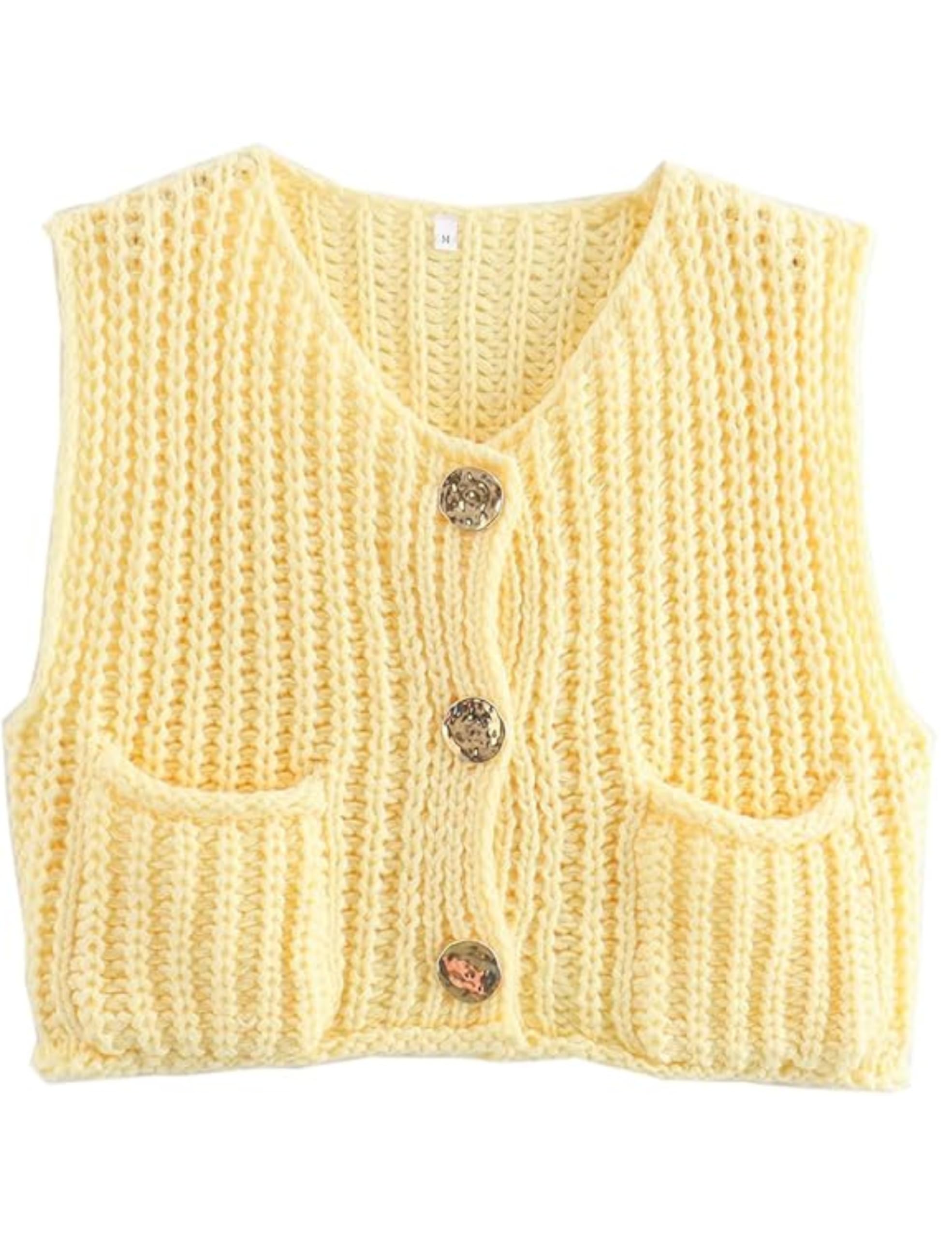Colete Aicharmwa Chunky Knit Crochet Sweater Cardigan Amarelo