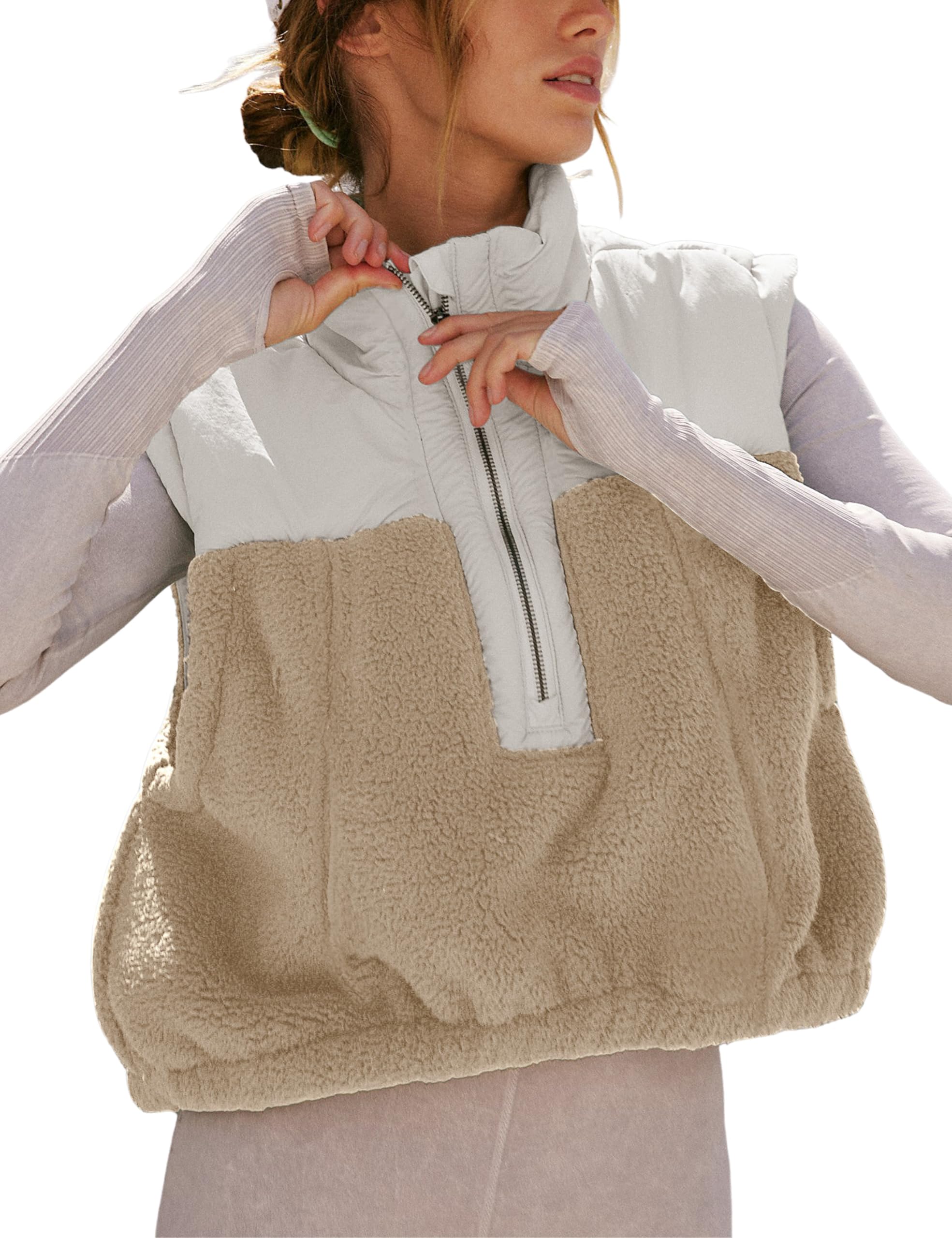 Colete Feminino Yeokou, Lã, Sherpa, Cortado E Com Bolso Canguru Quente