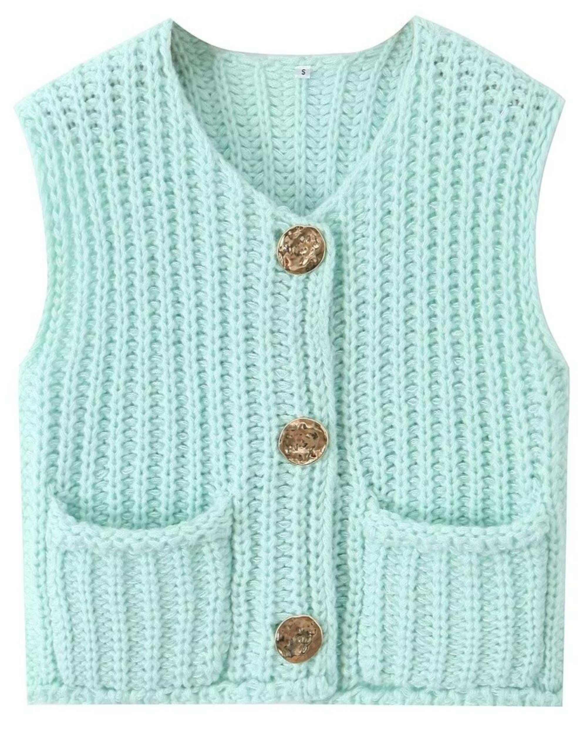 Colete De Malha Grossa Aicharmwa Feminino Com Botões Cortado Em Verde