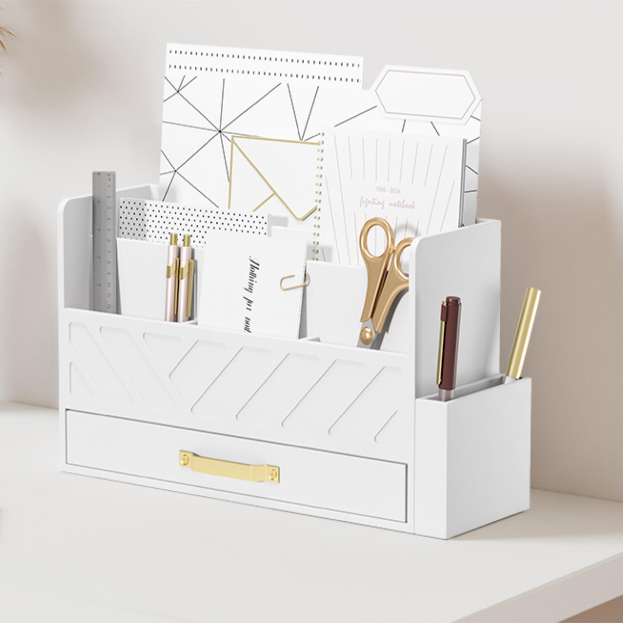 Organizador De Mesa Wisucart Bamboo Mail Holder Com Gaveta Branca