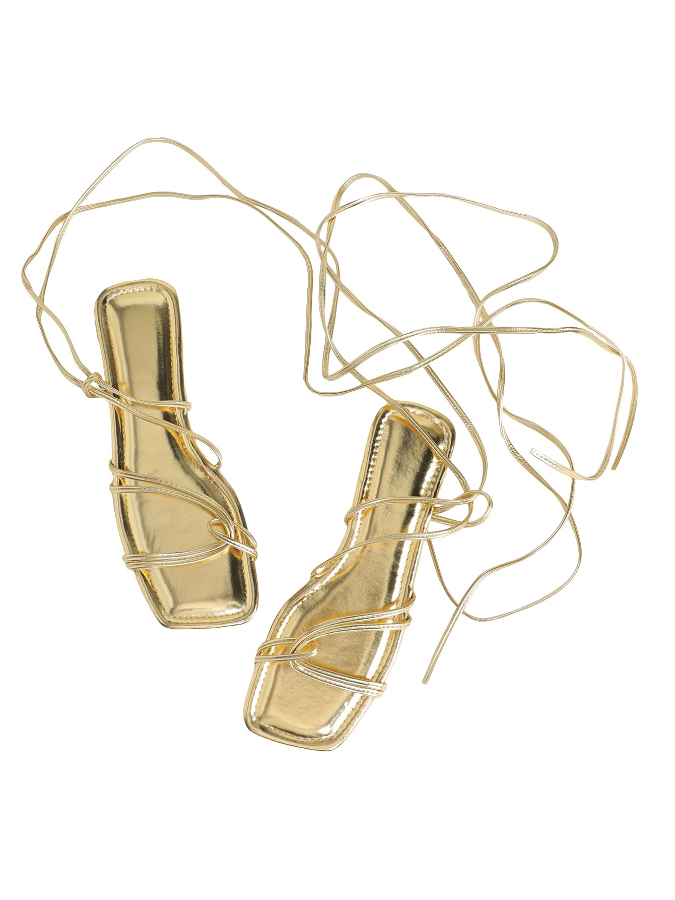 Sandálias Planas Gorglitter Femininas Com Cadarço E Bico Quadrado Dourado