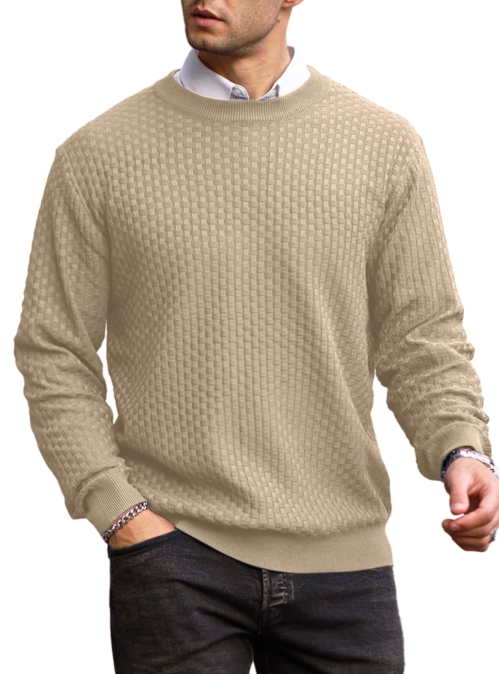 Suéter Masculino Zaitun, Gola Redonda, Malha Waffle, Manga Comprida, Marrom