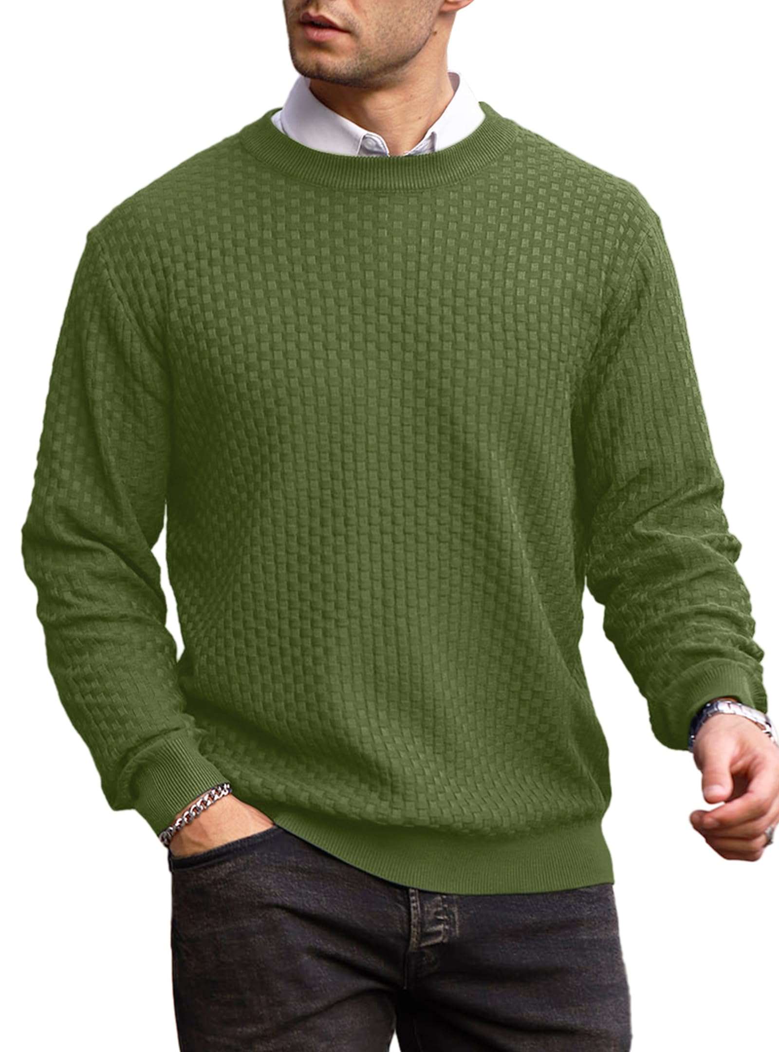 Suéter Masculino Zaitun, Gola Redonda, Malha Waffle, Manga Comprida, Verde