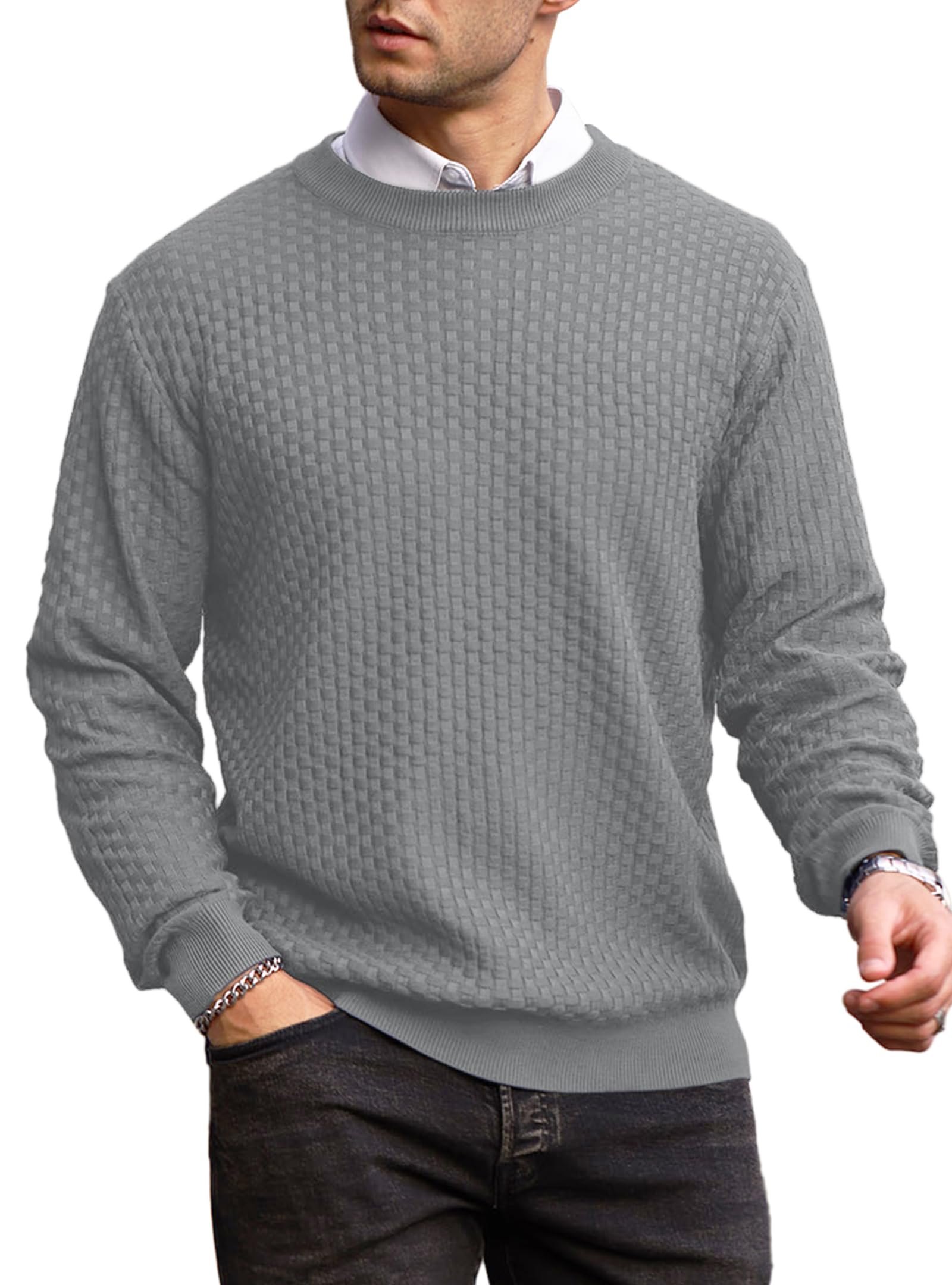 Suéter Masculino Zaitun, Gola Redonda, Malha Waffle, Manga Comprida, Cinza