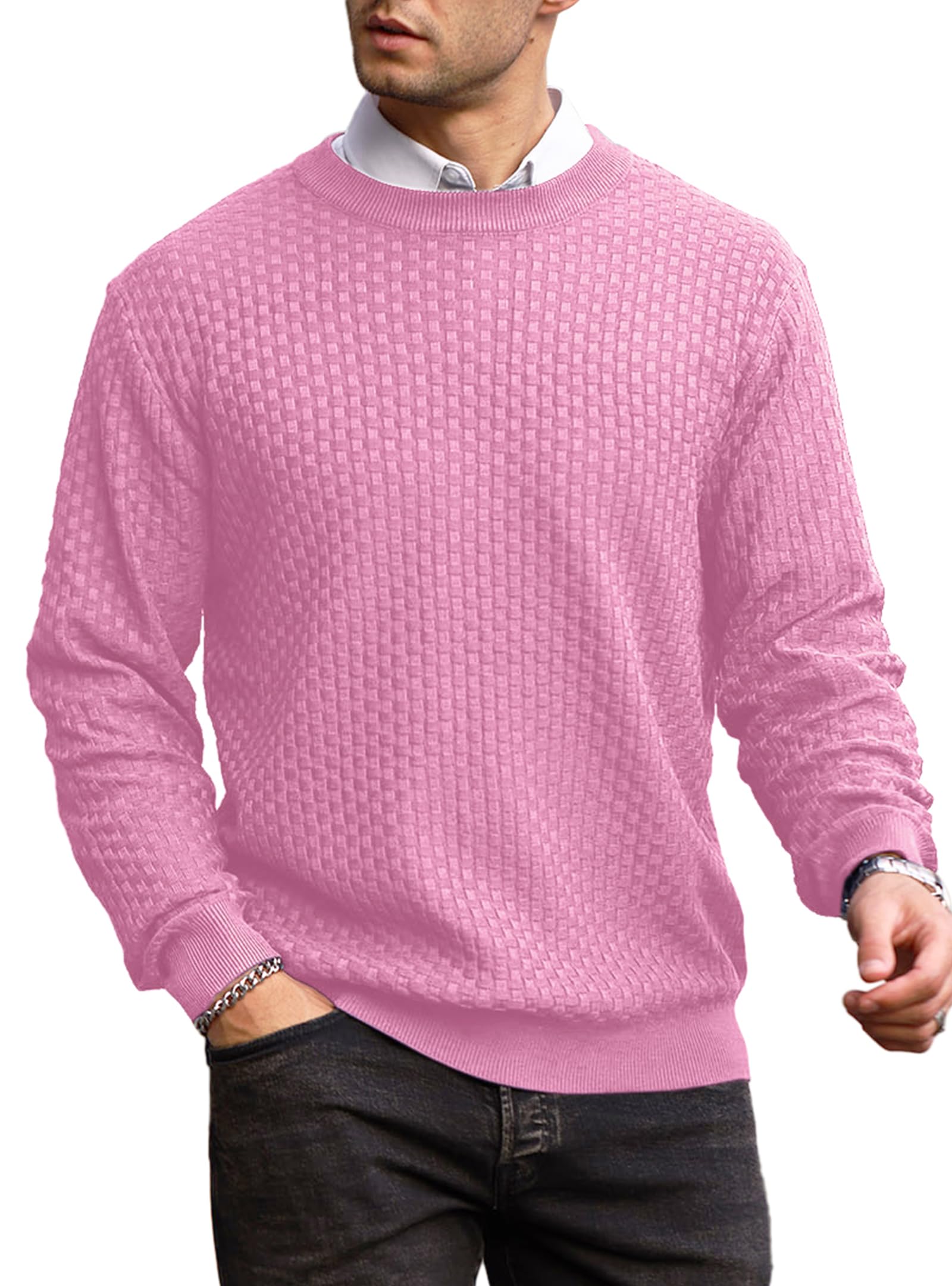 Suéter Masculino Zaitun, Gola Redonda, Malha Waffle, Manga Comprida, Roxo