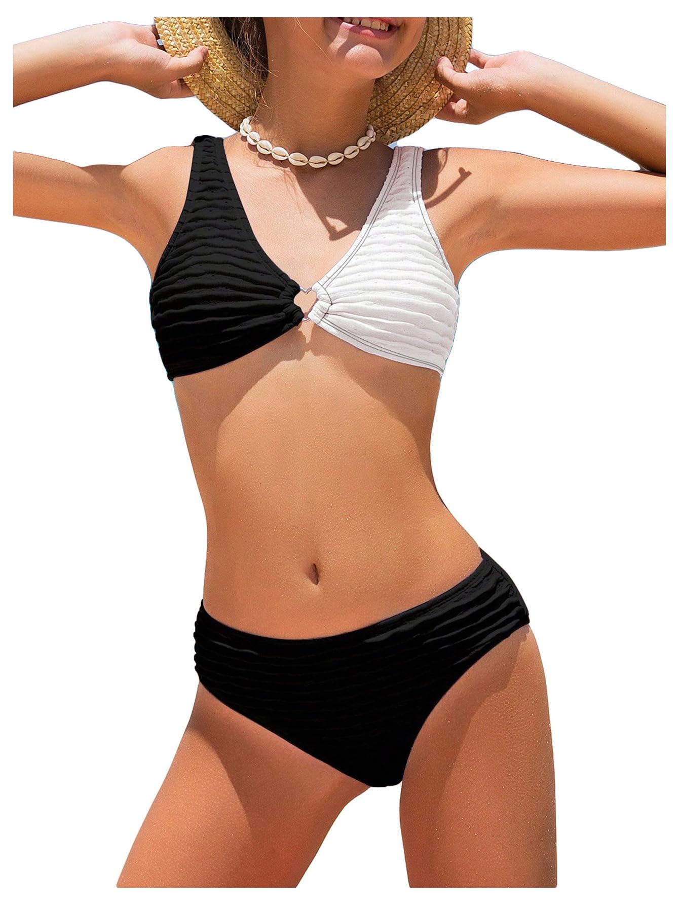 Conjunto De Biquíni Soly Hux Feminino Com Decote Em V Vinculado Em Preto/branco 14y