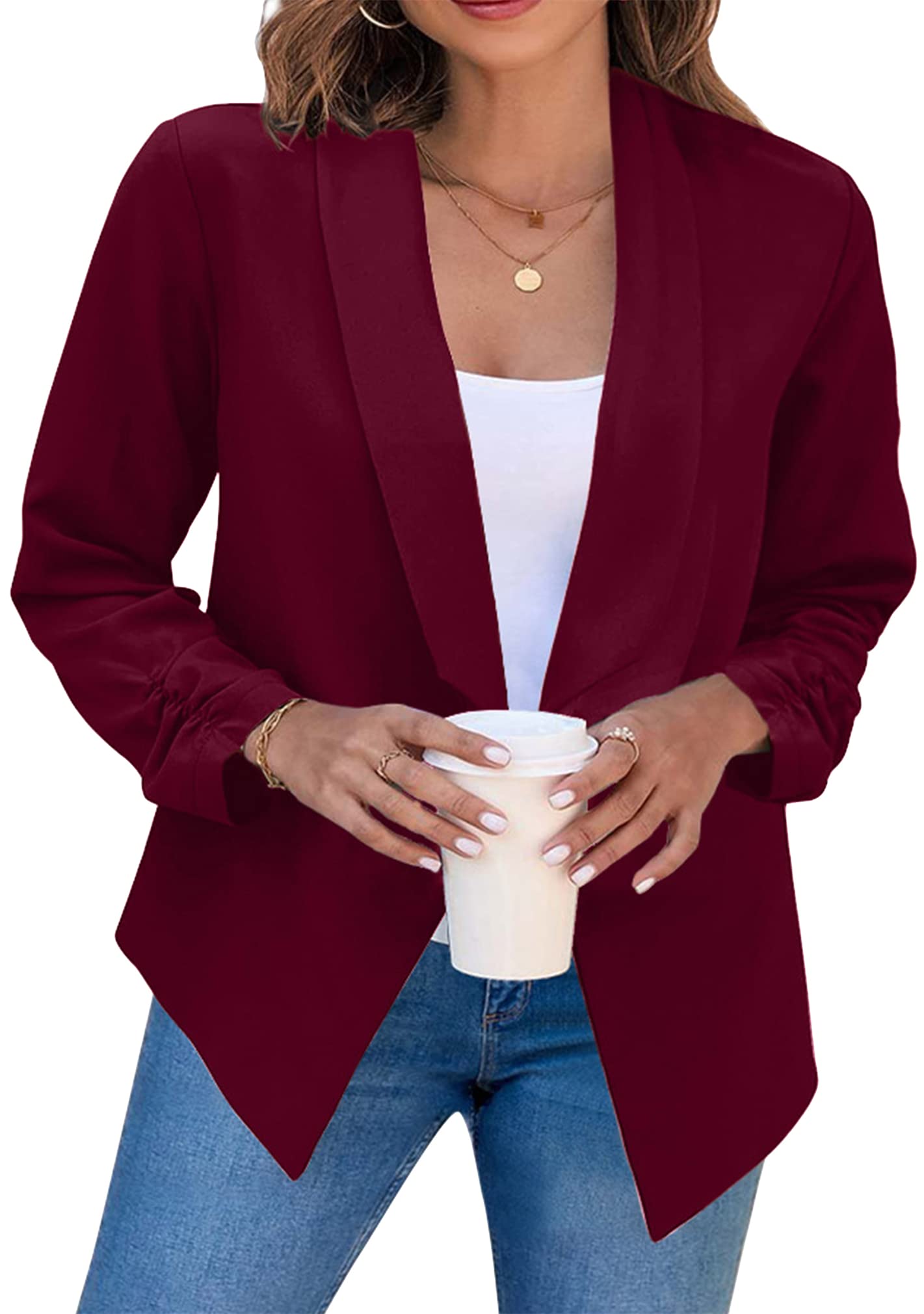 Blazer Bofeta Feminino, Casual, Franzido, Manga Comprida, Vinho Tinto