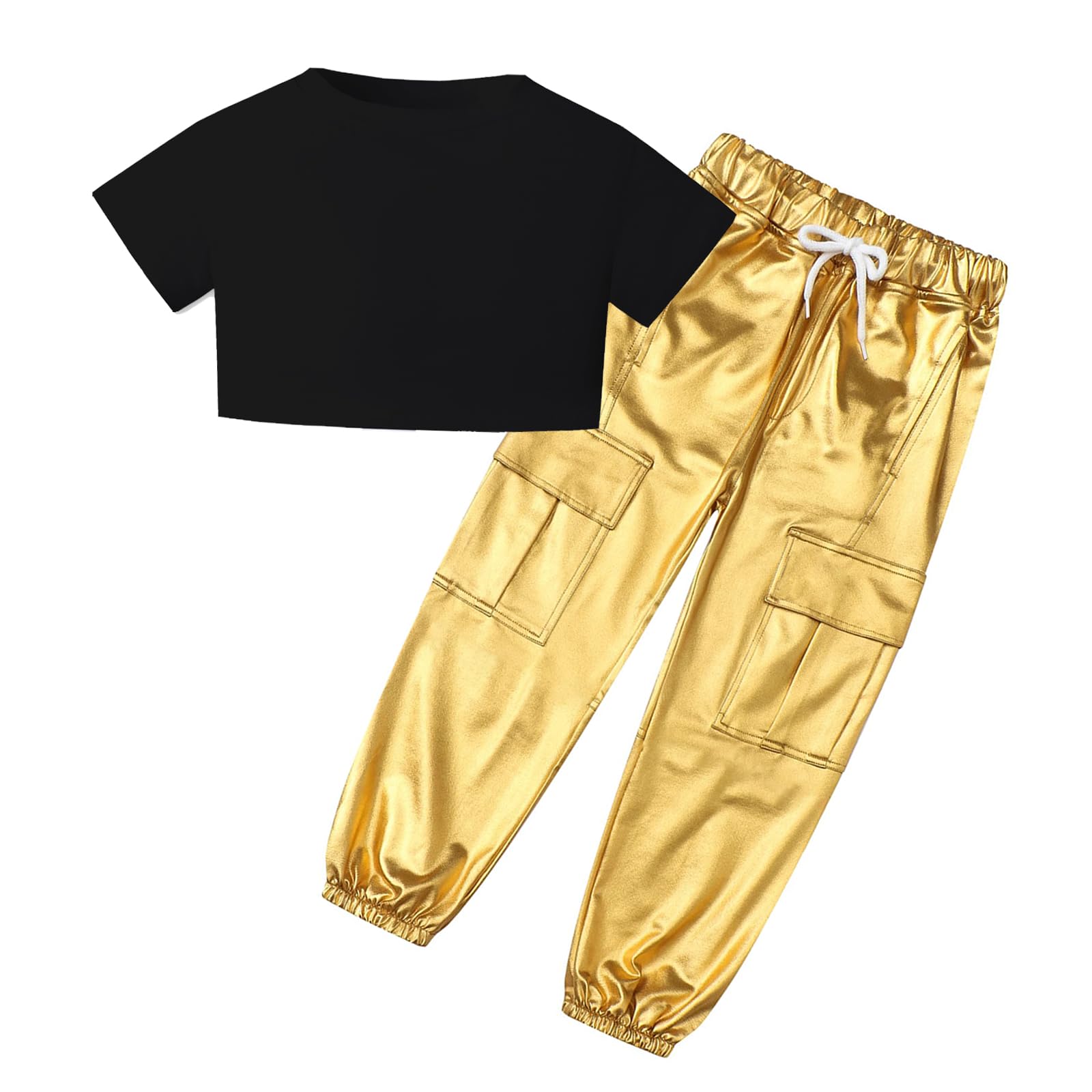 Roupa Sangtree De 2 Peças Para Meninas Preta De Manga Curta E Dourada