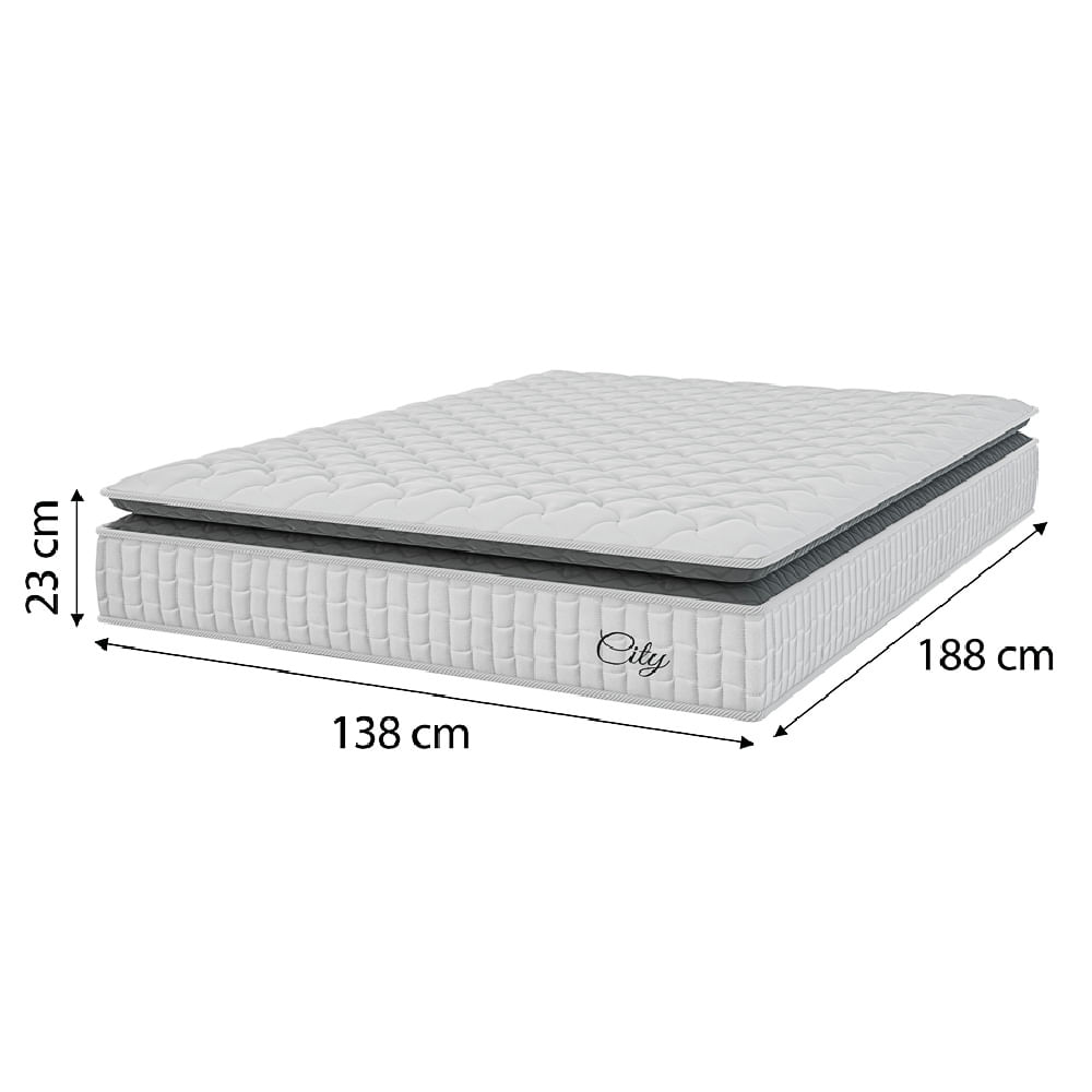 Cama Box Colchão Casal Molas Ensacadas City Pillow Top 138x188x61cm Branco / Cinza Hellen - Suporta até 110kg por Pessoa