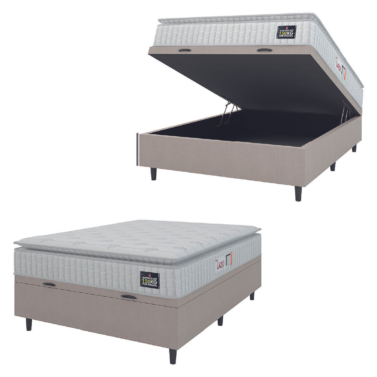 Cama Box Baú Colchão Casal Espuma D45 Lazio Pillow Top 138x188x70cm Branco / Bege Hellen - Suporta Até 120kg Por Pessoa
