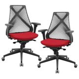 Kit 02 Cadeiras De Escritório Giratória Presidente Unix P03 Tela Cinza Crepe Vermelho - Lyam Decor