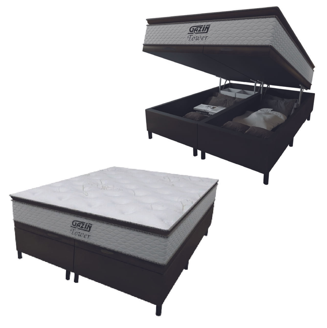 Cama Box Baú Queen Colchão Molas Pocket Ensacadas Tower 158x198x75cm Branco/Marrom Gazin
