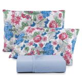 Jogo De Lençol Luar Casal 3 Peças Malha 100% Algodão Estampado Azul Floral