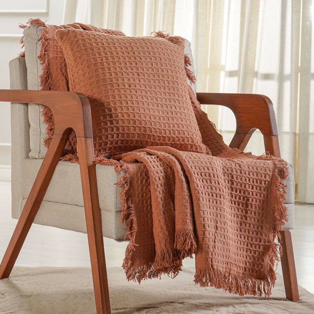 Kit Manta E 2 Capa De Almofada Decorativa Para Sofá Waffle 100% Algodão 120x150cm Terracota